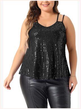 Plus Size Sequin Tank Tops for Women Sleeveless Party Sparkly Disco Blouse
